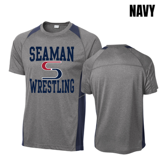 Heather grey Colorblock Contender Tee with navy panels, front with the Seaman Wrestling stacked logo and a blank back view