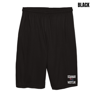 Black cooling performance shorts with a white and red stacked Seaman Wrestling logo near the hem of the leg
