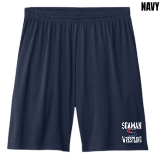 Navy cooling performance shorts with a white and red stacked Seaman Wrestling logo near the hem of the leg