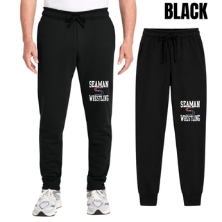 Black fleece joggers with a white and red stacked Seaman Wrestling logo on the leg, shown on a model and flat