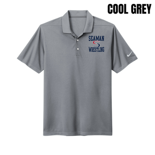 Cool Grey Nike Dri-FIT Micro Pique polo with the navy and red Seaman Wrestling stacked logo on the left chest