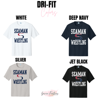 Dri-Fit color chart for the Seaman Wrestling Stacked Logo Top showing White, Deep Navy, Silver, and Jet Black performance tees