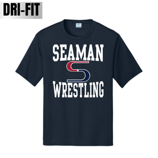 Navy Dri-Fit performance tee with SEAMAN in white block lettering, a red and navy S logo, and WRESTLING in white block lettering stacked below