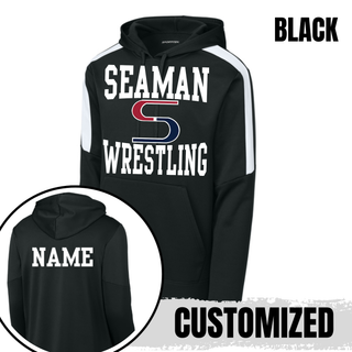 Black Seaman Wrestling stacked logo Fan Favorite Hoodie front with a circled view of a white name printed on the back