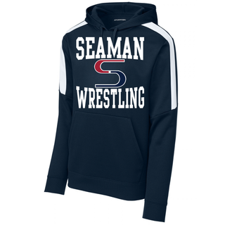 Navy Seaman Wrestling stacked logo Fan Favorite Hoodie with white contrast shoulder panels and the white Seaman, red and navy S, and Wrestling logo on the chest