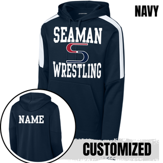 Navy Seaman Wrestling stacked logo Fan Favorite Hoodie front with a circled view of a white name printed on the back