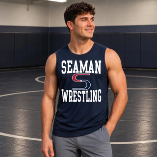 Man in a wrestling room wearing a navy competitor tank with the white Seaman Wrestling stacked logo on the chest
