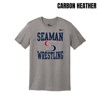 Carbon Heather men's Nike rLegend tee with the navy Seaman, red and navy S mark and navy Wrestling stacked logo on the front