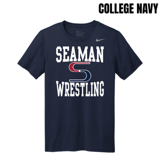 College Navy men's Nike rLegend tee with the white Seaman, red and navy S mark and white Wrestling stacked logo on the front