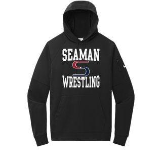 Black Nike Therma-FIT pocket pullover hoodie with the white Seaman, red and navy S, and Wrestling stacked logo on the chest