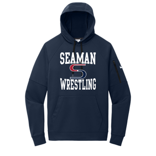 Navy Nike Therma-FIT pocket pullover hoodie with the white Seaman, red and navy S, and Wrestling stacked logo on the chest and a zippered sleeve pocket