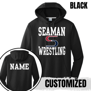 Black performance hoodie with white stacked Seaman Wrestling logo on the front and a white name printed on the back