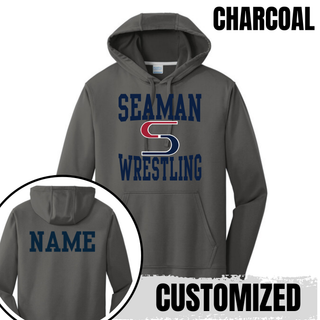 Charcoal performance hoodie with navy stacked Seaman Wrestling logo on the front and a navy name printed on the back