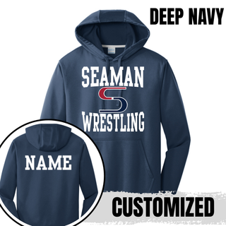 Deep Navy performance hoodie with white stacked Seaman Wrestling logo on the front and a white name printed on the back