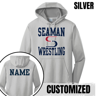 Silver performance hoodie with navy stacked Seaman Wrestling logo on the front and a navy name printed on the back