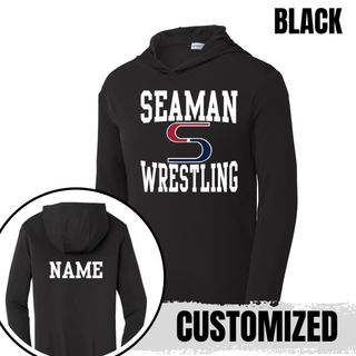 Black PosiCharge hooded pullover with white Seaman, red and navy S mark and white Wrestling on the front, with a back view showing a white name placeholder labeled customized