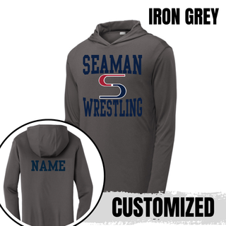 Iron Grey PosiCharge hooded pullover with navy Seaman, red and navy S mark and navy Wrestling on the front, with a back view showing a navy name placeholder labeled customized