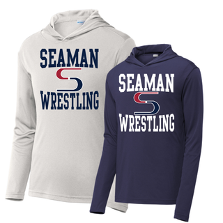 Seaman Wrestling stacked logo PosiCharge hooded pullovers in Silver with navy print and True Navy with white print, Seaman arched above a red and navy S mark with Wrestling below
