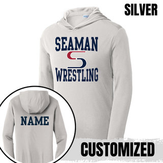 Silver PosiCharge hooded pullover with navy Seaman, red and navy S mark and navy Wrestling on the front, with a back view showing a navy name placeholder labeled customized