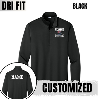Black PosiCharge quarter-zip with the white Seaman, red and navy S mark and white Wrestling stacked logo on the left chest, with a back view showing a white name placeholder labeled customized