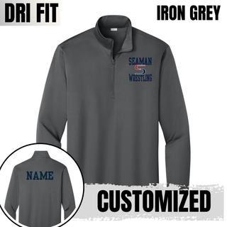 Iron Grey PosiCharge quarter-zip with the navy Seaman, red and navy S mark and navy Wrestling stacked logo on the left chest, with a back view showing a navy name placeholder labeled customized