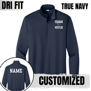True Navy PosiCharge quarter-zip with the white Seaman, red and navy S mark and white Wrestling stacked logo on the left chest, with a back view showing a white name placeholder labeled customized
