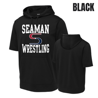 Black short sleeve hooded pullover front and back with the white and red Seaman Wrestling stacked logo on the chest and a blank back
