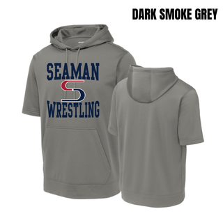Dark Smoke Grey short sleeve hooded pullover front and back with the navy and red Seaman Wrestling stacked logo on the chest and a blank back