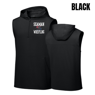Black sleeveless hooded quarter-zip front and back with the white Seaman Wrestling stacked logo on the left chest and a blank back