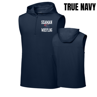 True Navy sleeveless hooded quarter-zip front and back with the white Seaman Wrestling stacked logo on the left chest and a blank back