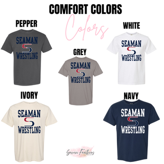 Comfort Colors color chart for the Seaman Wrestling Stacked Logo Top showing pepper, grey, white, ivory, and navy tees