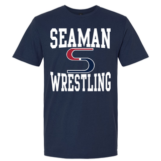 Navy tee with SEAMAN in white block lettering, a red and navy S logo, and WRESTLING in white block lettering stacked below