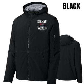 Black Seaman Wrestling stacked logo waterproof insulated jacket with the logo on the left chest