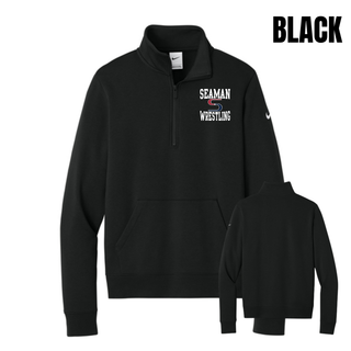 Black Nike women's club fleece half-zip front and back with the white Seaman Wrestling stacked logo on the left chest and a blank back