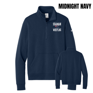 Midnight Navy Nike women's club fleece half-zip front and back with the white Seaman Wrestling stacked logo on the left chest and a blank back