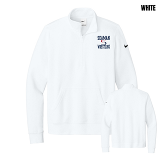 White Nike women's club fleece half-zip front and back with the navy and red Seaman Wrestling stacked logo on the left chest and a blank back