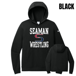 Black Nike women's club fleece pullover hoodie front and back with the white Seaman Wrestling stacked logo on the chest and a blank back