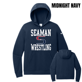 Midnight Navy Nike women's club fleece pullover hoodie front and back with the white Seaman Wrestling stacked logo on the chest and a blank back