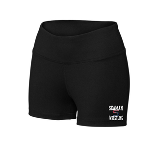 Black women's interval performance shorts with a high-rise waistband and a white and red stacked Seaman Wrestling logo near the hem of the left leg