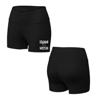 Front and back views of black women's interval performance shorts with the stacked Seaman Wrestling logo on the left leg
