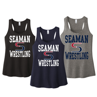 Three women's racerback tanks in black, new navy and grey frost, each with the Seaman Wrestling stacked logo