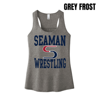 Grey Frost women's racerback tank with the navy and red Seaman Wrestling stacked logo on the front