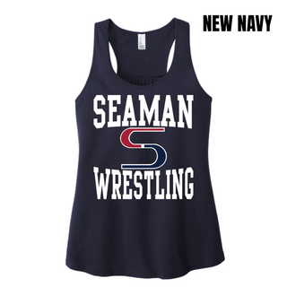 New Navy women's racerback tank with the white Seaman, red and navy S, and Wrestling stacked logo on the front