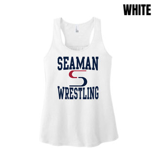 White women's racerback tank with the navy and red Seaman Wrestling stacked logo on the front