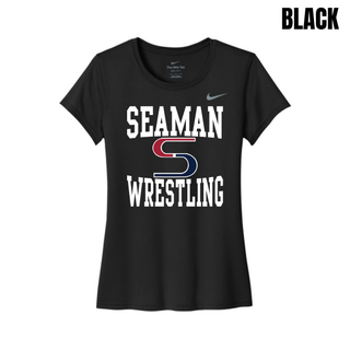 Black women's Nike rLegend tee with the white Seaman, red and navy S mark and white Wrestling stacked logo on the front