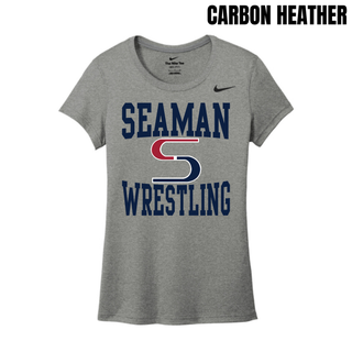 Carbon Heather women's Nike rLegend tee with the navy Seaman, red and navy S mark and navy Wrestling stacked logo on the front