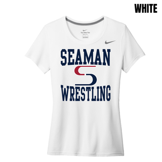 White women's Nike rLegend tee with the navy Seaman, red and navy S mark and navy Wrestling stacked logo on the front