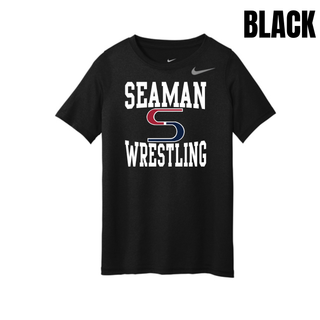Black youth Nike rLegend tee with the white Seaman, red and navy S mark and white Wrestling stacked logo on the front
