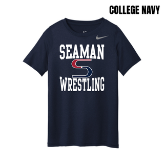 College Navy youth Nike rLegend tee with the white Seaman, red and navy S mark and white Wrestling stacked logo on the front