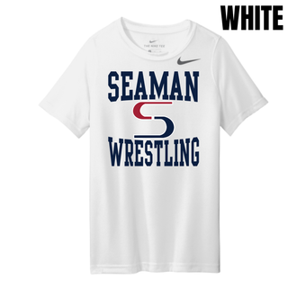 White youth Nike rLegend tee with the navy Seaman, red and navy S mark and navy Wrestling stacked logo on the front